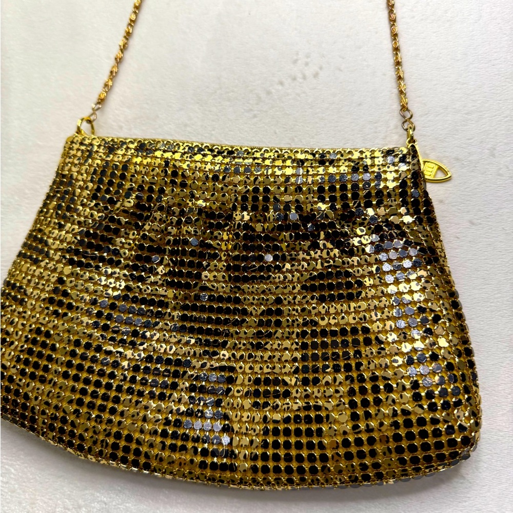 Gold metal chain cord evening bag handbag purse Lined inside pocket crossbody